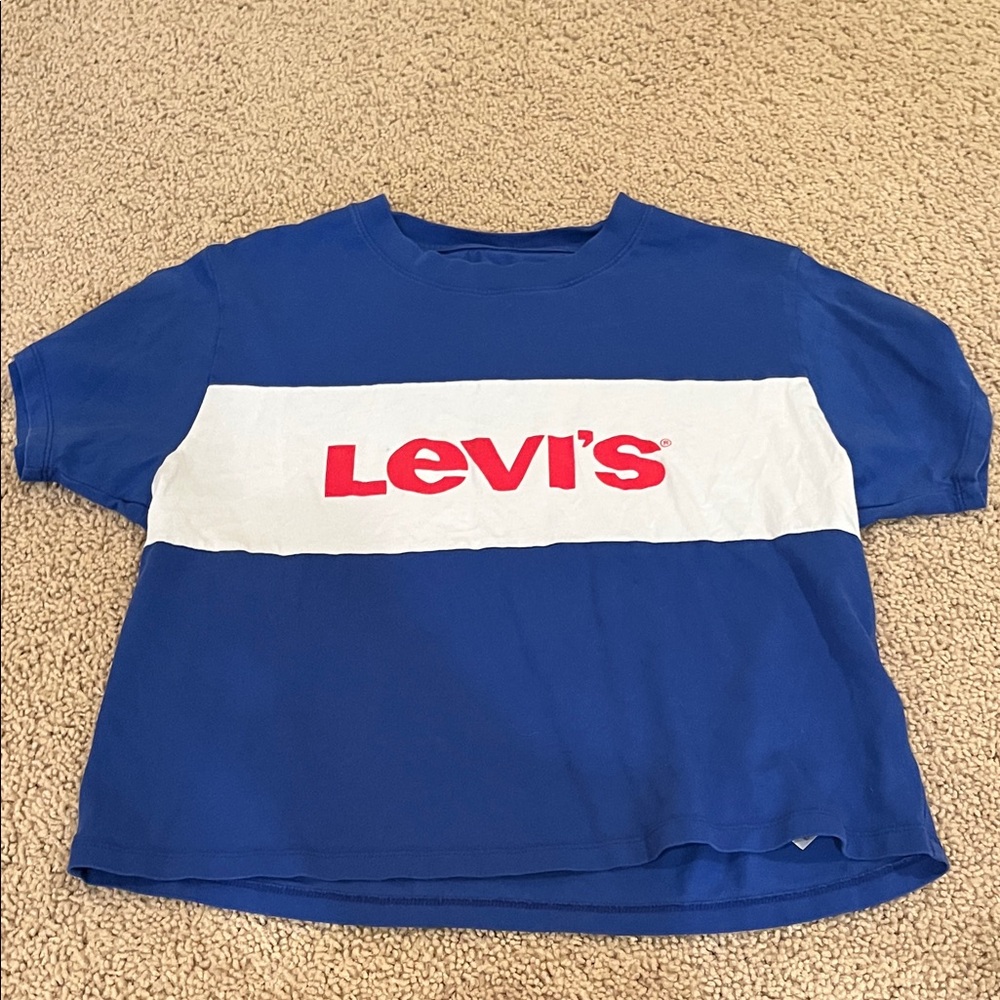 Levi's Blue and White Crop Top with Red Logo